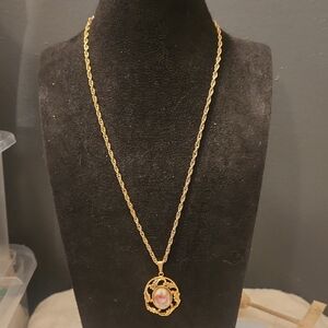 Whiting & Davis Gold Necklace with Rose Pendant